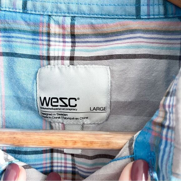 WESC Ole Shirt Plaid Blue Button Up Men's L Lightweight Long Sleeved - Picture 4 of 9